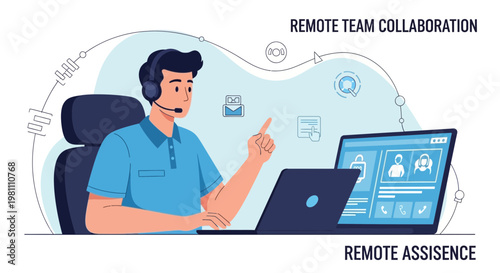 Remote Team Collaboration and Assistance: Man with Headset Working on Laptop