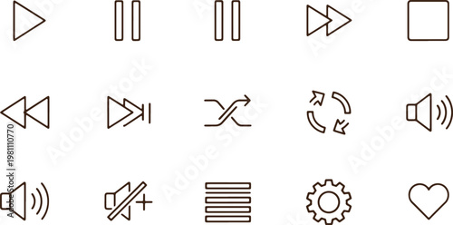 Minimalist outline icons for music and media player controls on a white background