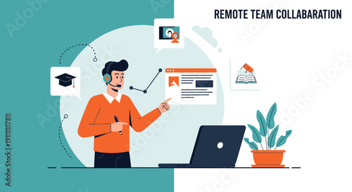 Remote Team Collaboration: Man with headset and laptop, online meeting, education icons