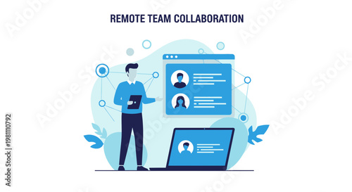 Remote Team Collaboration Concept: People Connecting Online via Video Call and Laptop