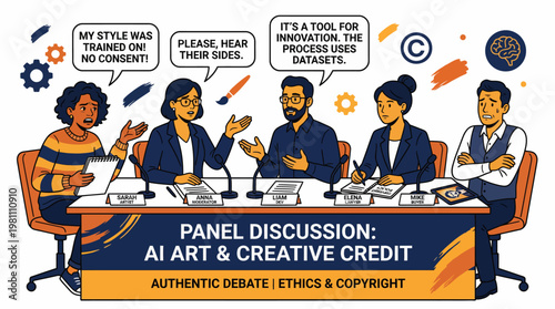 Illustration of a panel discussion on AI art ethics copyright and creative credit