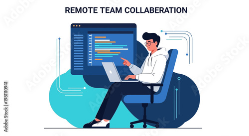 Remote Team Collaboration: Programmer Working on Laptop with Data Visualization