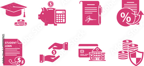 Illustrations of financial concepts related to student loans and education funding with icons