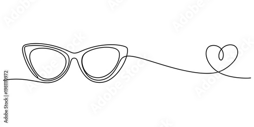 Minimalist one line art of cat-eye spectacles with a heart symbol on a white background. Vector, illustration