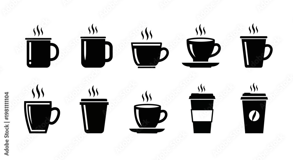 Fototapeta premium Ten simple black solid icons depicting various steaming coffee cups mugs and disposable beverage holders