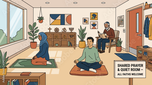 Diverse people of different faiths praying and meditating in a shared quiet room