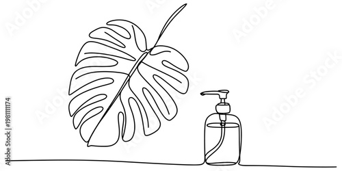 Minimalist one line drawing of a monstera deliciosa leaf next to a liquid soap dispenser bottle Vector, illustration
