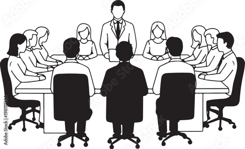 Black and white of people sitting around a conference table
