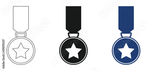 Award Medal Icon Set with Star Symbol in Multiple Styles. Winner Medal Badge Vector Illustration Collection