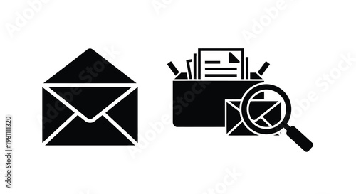 Black icons depict mail documents and search a graphic silhouette