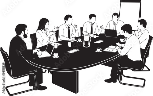 Business meeting with eight people sitting around a table des