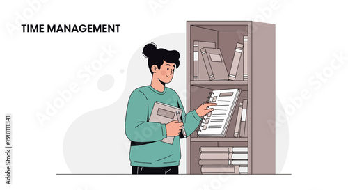 Time Management Concept: Person Organizing Files in Bookshelf