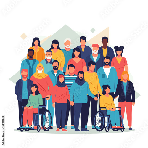 A diverse group of people of various ages, ethnicities, and abilities standing together, including individuals in wheelchairs, representing inclusivity and community.