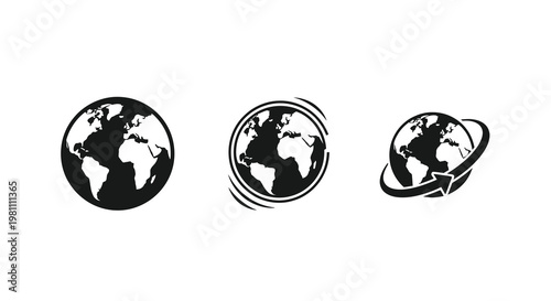 Three black globe icons with orbital paths a striking silhouette