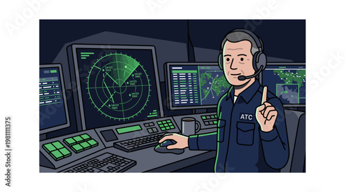 Air traffic controller at workstation with radar screens and headset vector illustration