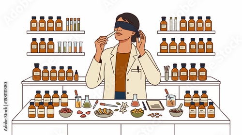 Professional perfumer blindfolded smelling scent strip in pharmacy laboratory with essential oil bottles