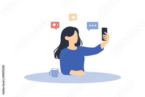 Business social media concept, woman taking selfie at desk with smartphone, online communication and digital marketing flat vector