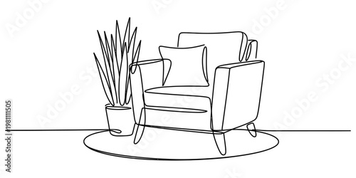 Minimalist one line art of a comfortable armchair with a pillow and houseplant in a pot Vector, illustration