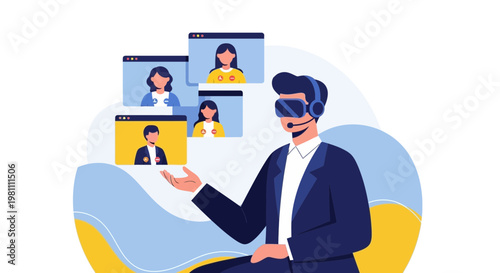 Virtual Meeting: Man in VR headset connecting with colleagues on screens