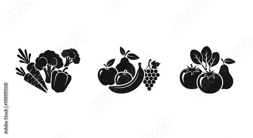 Variety of fruits and vegetables depicted in a dark silhouette