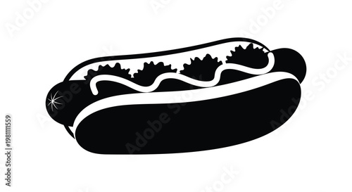 A black silhouette of a hotdog with mustard and relish visually striking silhouette