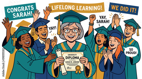 Senior Woman Holding University Diploma Celebrating Graduation With Diverse Young Students Lifelong Learning