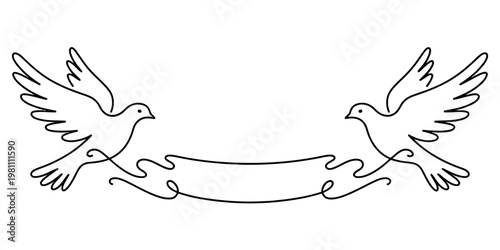 Photos Two line art doves flying and holding a decorative blank ribbon banner in their