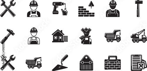 Construction icons, building symbols, engineering signs, 20 black vector graphics
