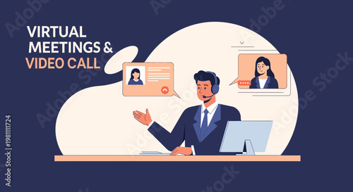 Virtual Meetings & Video Call: Man with Headphones in Online Conference