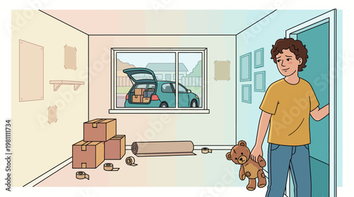 Illustration of young person leaving empty childhood bedroom with teddy bear during house move