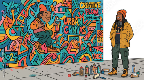 Female street artist looking at colorful urban canvas graffiti mural with spray cans