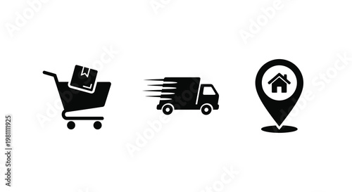 Delivery service icons featuring a shopping cart van and home silhouette