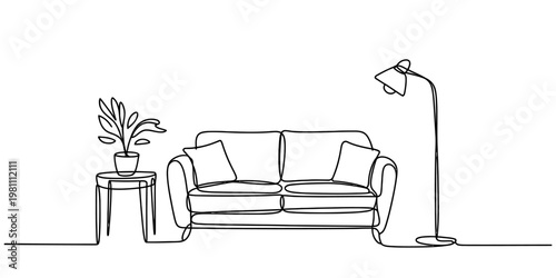 Minimalist continuous line drawing of a living room with a sofa, plant, and floor lamp Vector, illustration