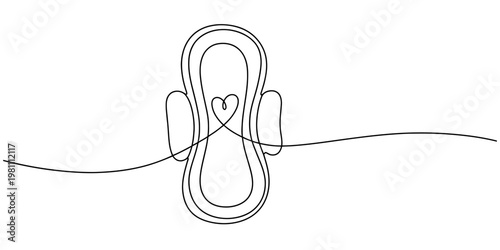 Continuous line drawing of a sanitary pad with wings and a small heart in the center Vector, illustration