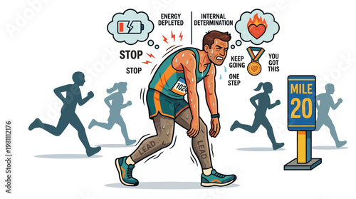 Exhausted marathon runner struggling with physical fatigue and mental determination at mile 20.