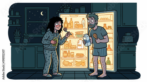 Cartoon Illustration of a Couple Raiding the Refrigerator for a Midnight Snack