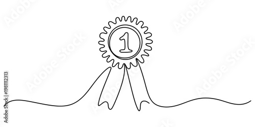 Continuous one line drawing of first place award ribbon rosette with number one inside Vector, illustration