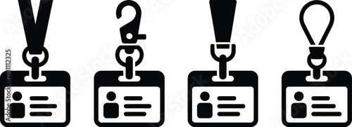 Professional collection of corporate identification card silhouettes with various lanyards and clips isolated on white background for business office security.