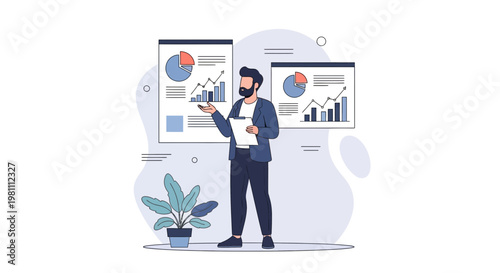 Man presenting financial charts and graphs on a whiteboard, business concept