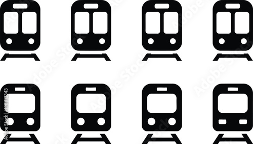 Set of train and subway icons representing public transportation metro systems railway travel urban commuting logistics and modern city transit infrastructure.