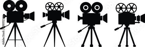 Retro film projector and video camera silhouette icons collection for movie theater entertainment studio broadcast multimedia and digital media design.