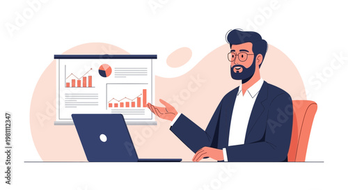 Man presenting financial charts on screen, laptop on desk, business meeting concept