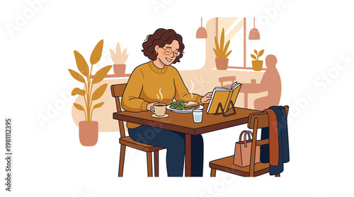 Young woman reading book while having lunch and coffee in cozy cafe illustration