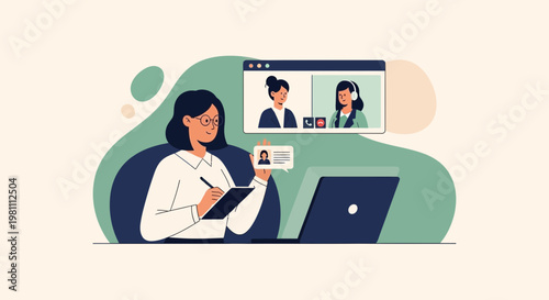 Woman on Video Call, Taking Notes, Remote Work, Online Meeting, Business Communication