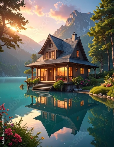 Cozy lakeside cabin at sunset, mountains, trees, water reflection, soft light, peaceful atmosphere