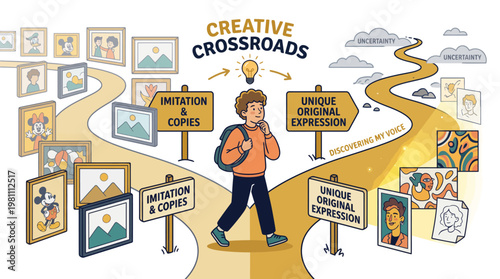 Young artist at a creative crossroads choosing between original expression and imitation illustration