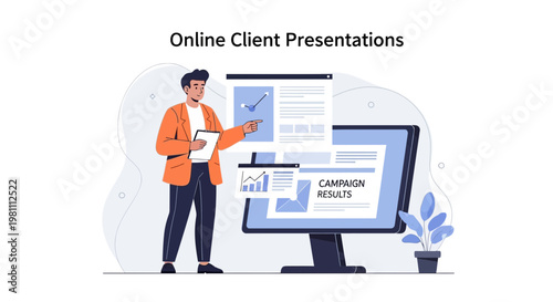 Man presenting online client campaign results on computer screen, business presentation