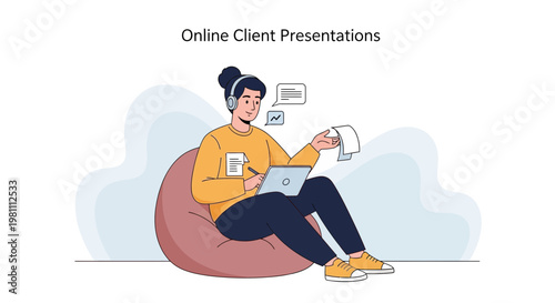 Woman with headphones presenting online, working remotely on laptop, sitting on bean bag