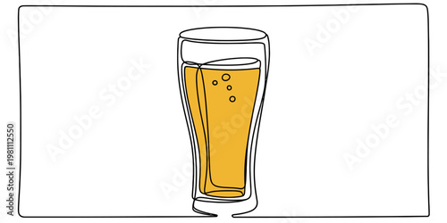 Minimalist single line art illustration of a tall glass filled with refreshing golden beer Vector, illustration
