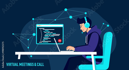 Young man in headphones working on laptop with code on screen, virtual meetings concept